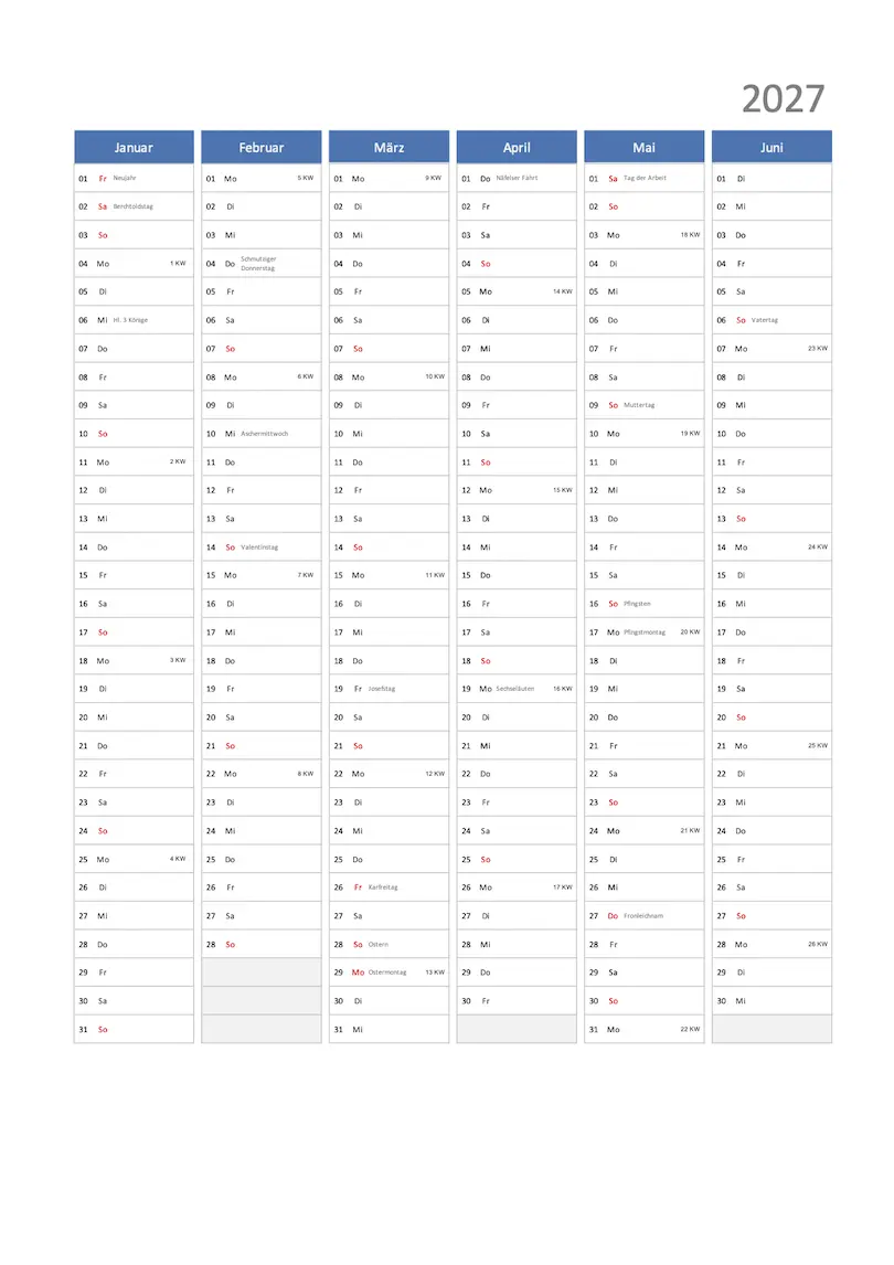 Halbjahreskalender 2027 mit Schweizer Feiertagen und Kalenderwochen
