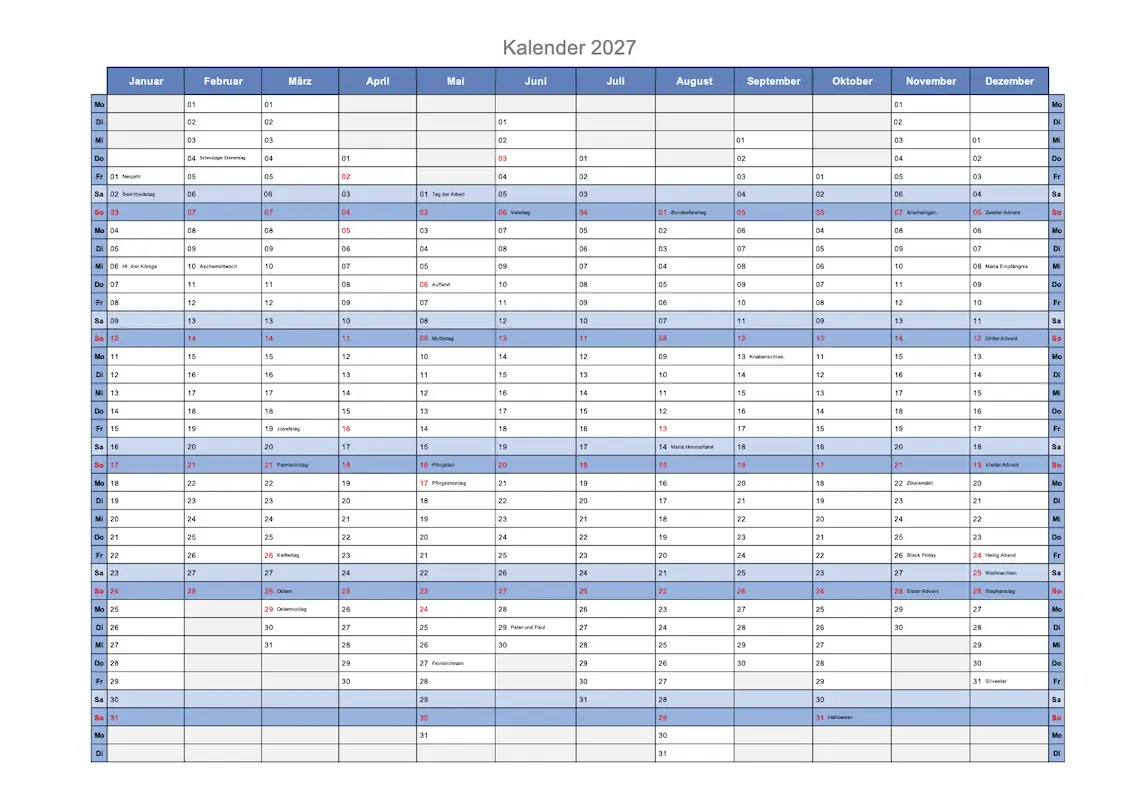 Kalender 2027 Schweiz Excel und PDF zum Ausdrucken