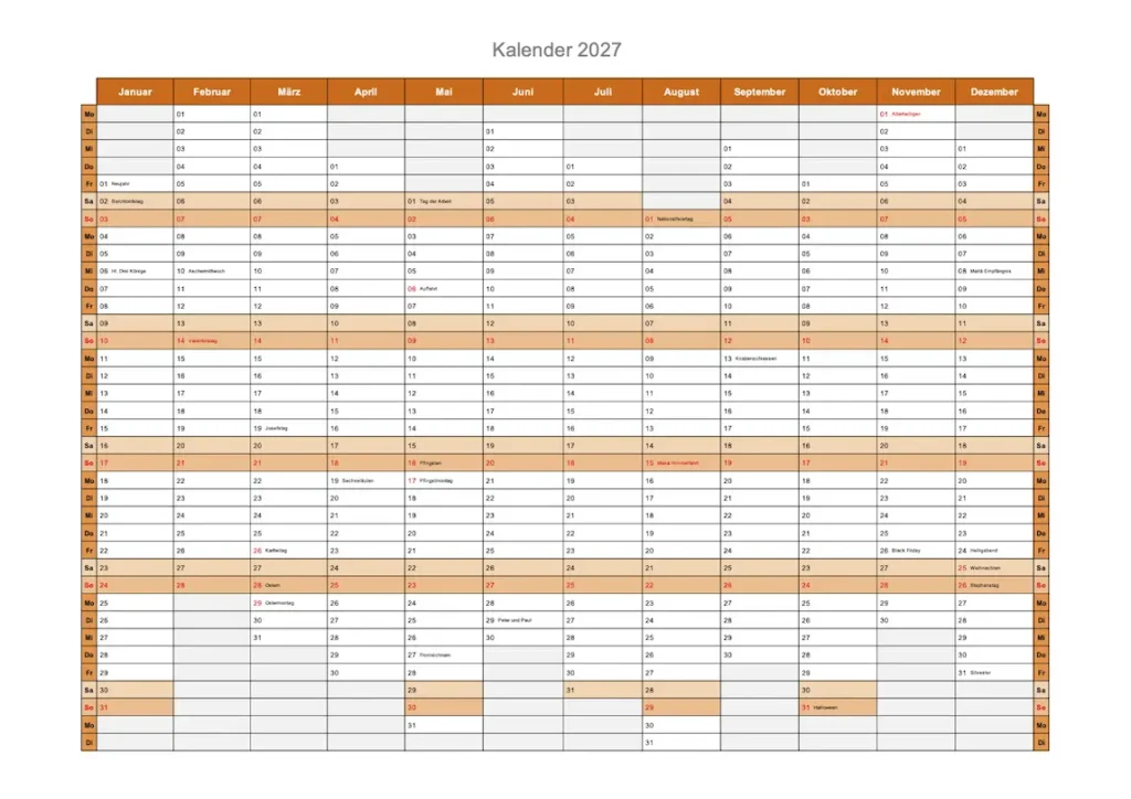 Excel und PDF Kalender 2027 mit Schweizer Feiertagen