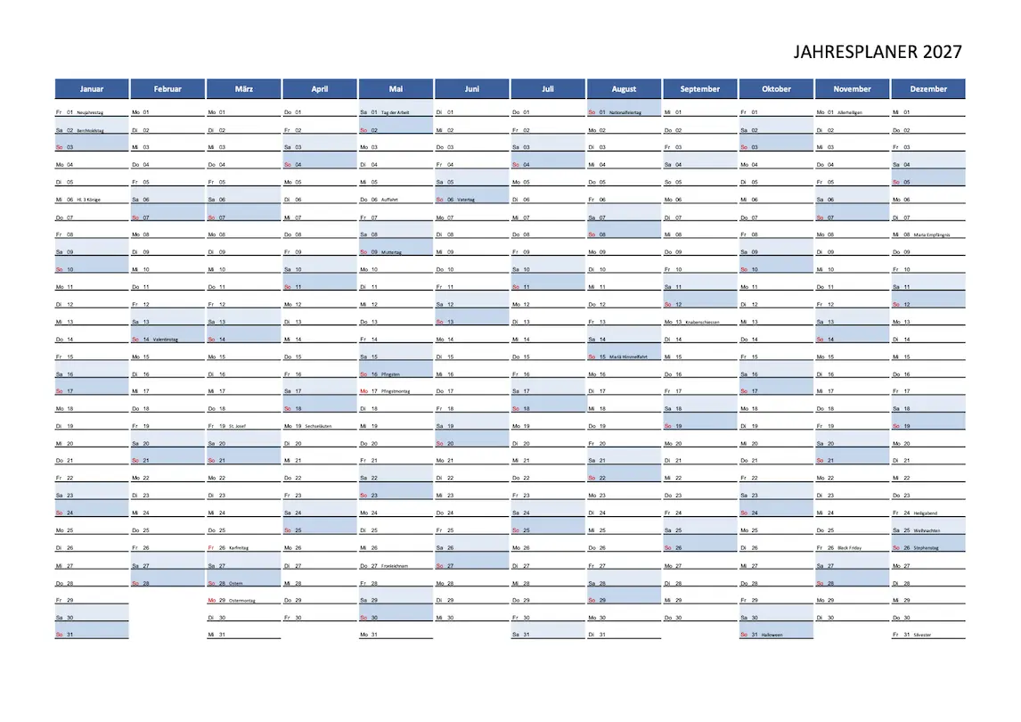 Schweizer Jahreskalender 2027 Excel und PDF in Kacheloptik mit Feiertagen Schweiz