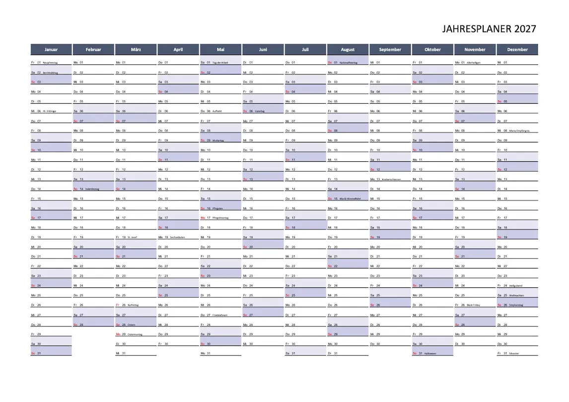 Schweizer Kalender 2027 Excel und PDF in Kacheloptik mit Feiertagen Schweiz