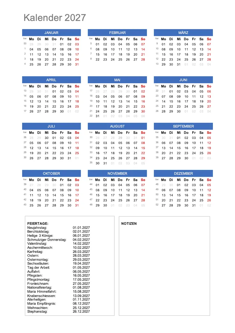 Jahreskalender 2027 Schweiz Excel und PDF zum Ausdrucken