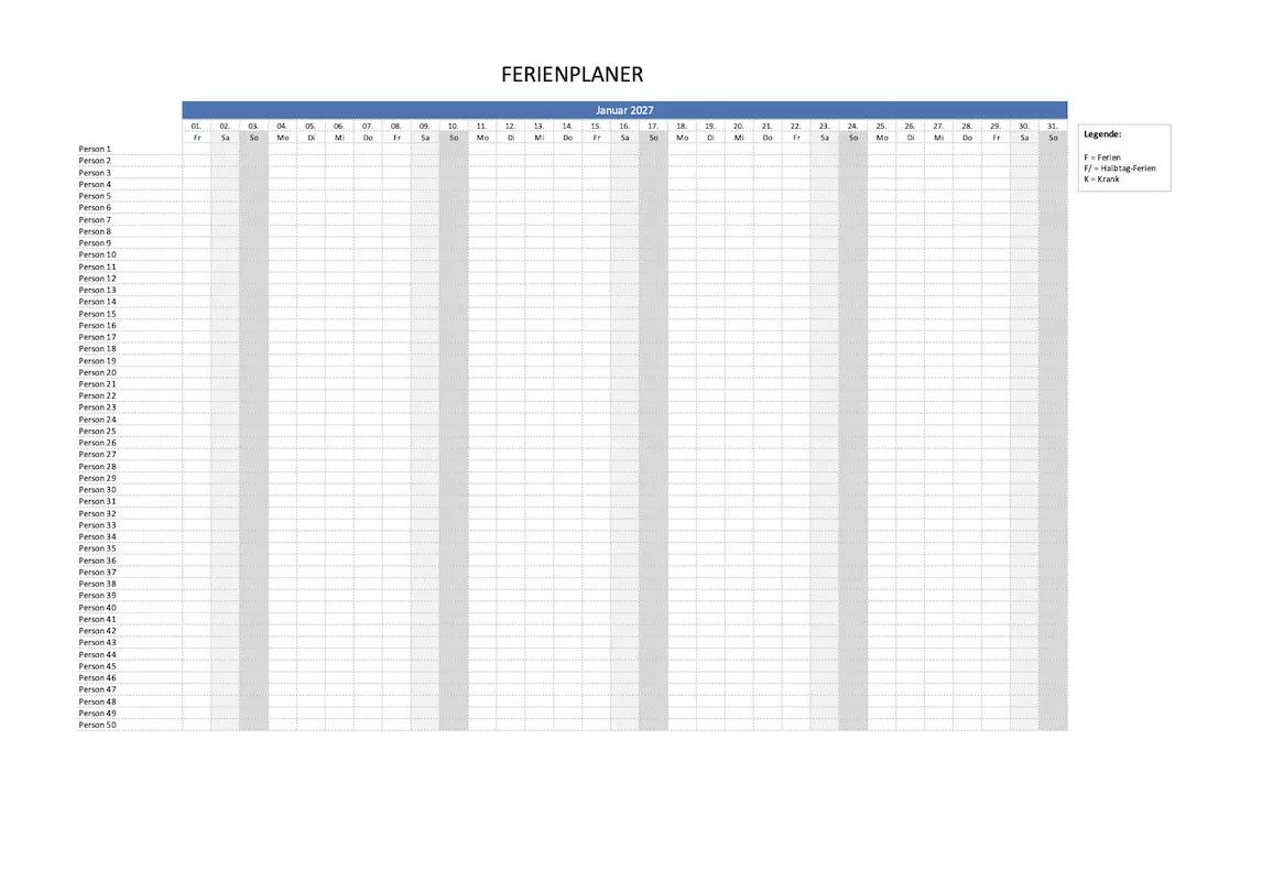 Download Ferienplaner 2027 für 50 Mitarbeiter Ferienplaner / Teamplaner 2027 Excel