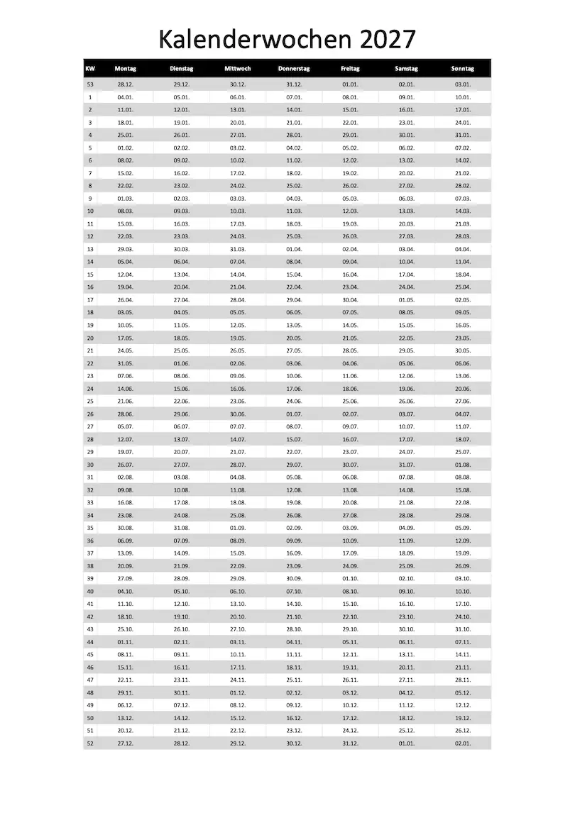Download Kalenderwochen 2027 KW 2027 Schweiz zum Ausdrucken