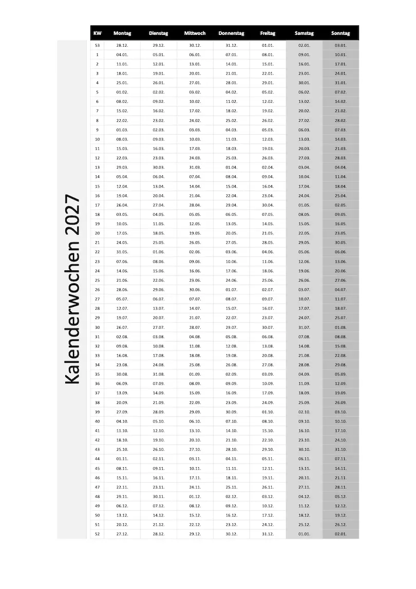 Download Kalenderwochen 2027 Schweiz Kalenderwochen 2027 Schweiz