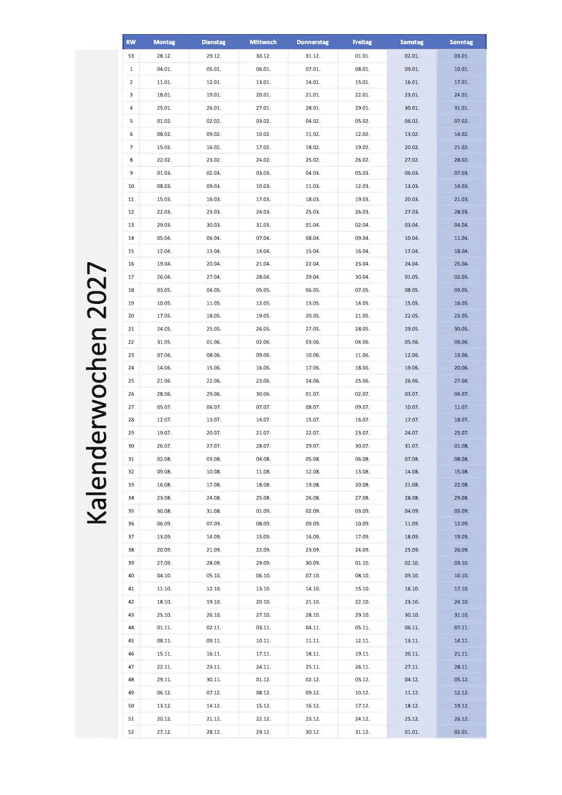 Download 2027 Kalenderwochen Schweiz Kalenderwochen 2027 Schweiz zum Ausdrucken  Excel & PDF