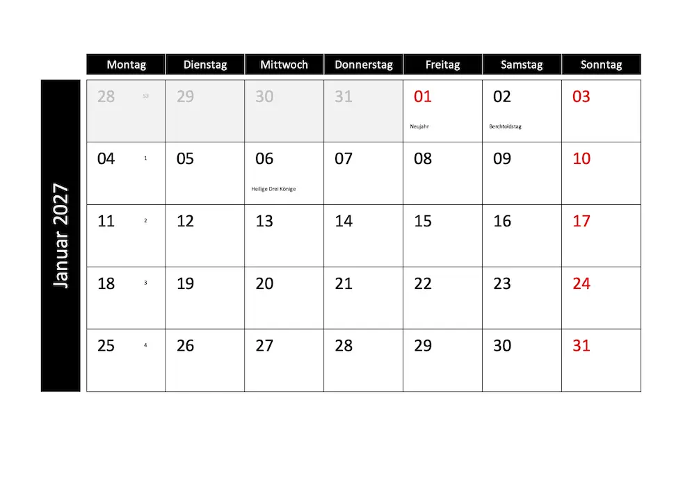Monatskalender 2027 Schweiz KW und Feiertage