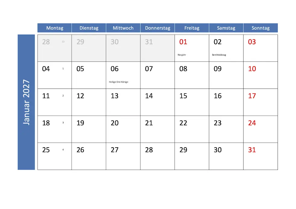 Monatskalender 2027 mit Feiertagen Schweiz
