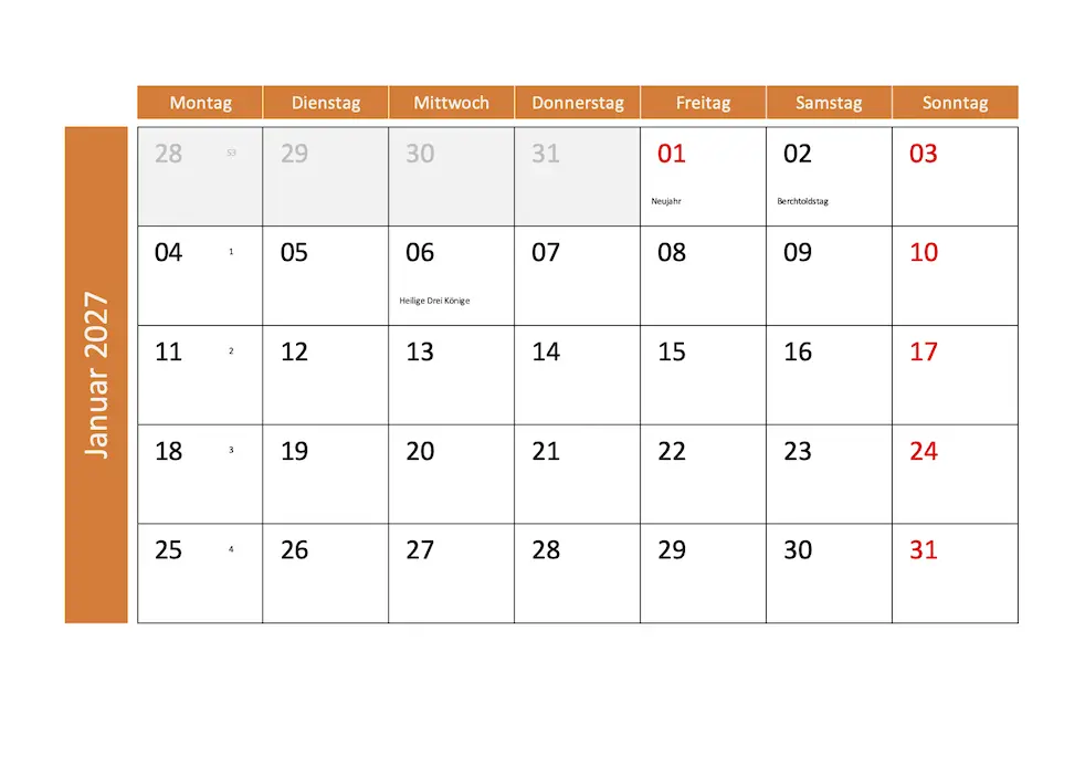 Monatskalender Schweiz 2027