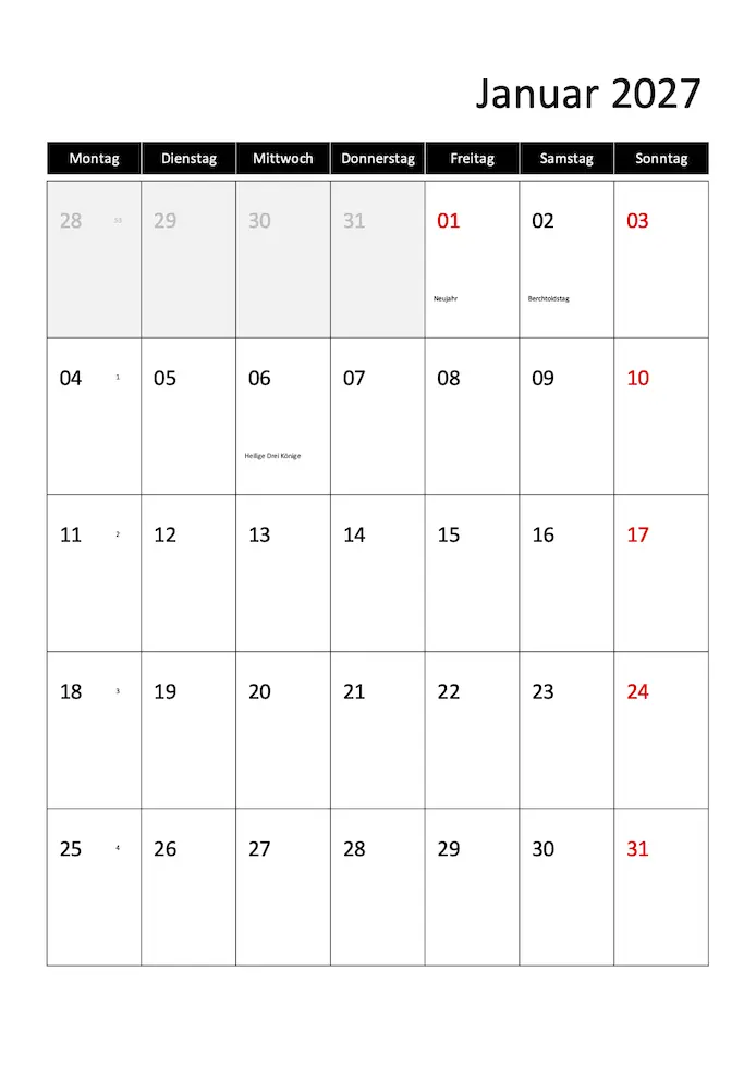 Monatskalender 2027 Hochformat mit Kalenderwochen