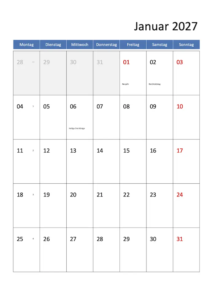 Monatskalender 2027 Hochformat mit Kalenderwochen