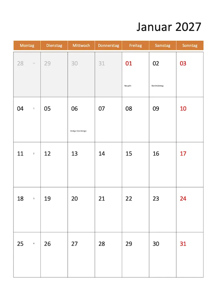 Monatskalender 2027 Schweiz