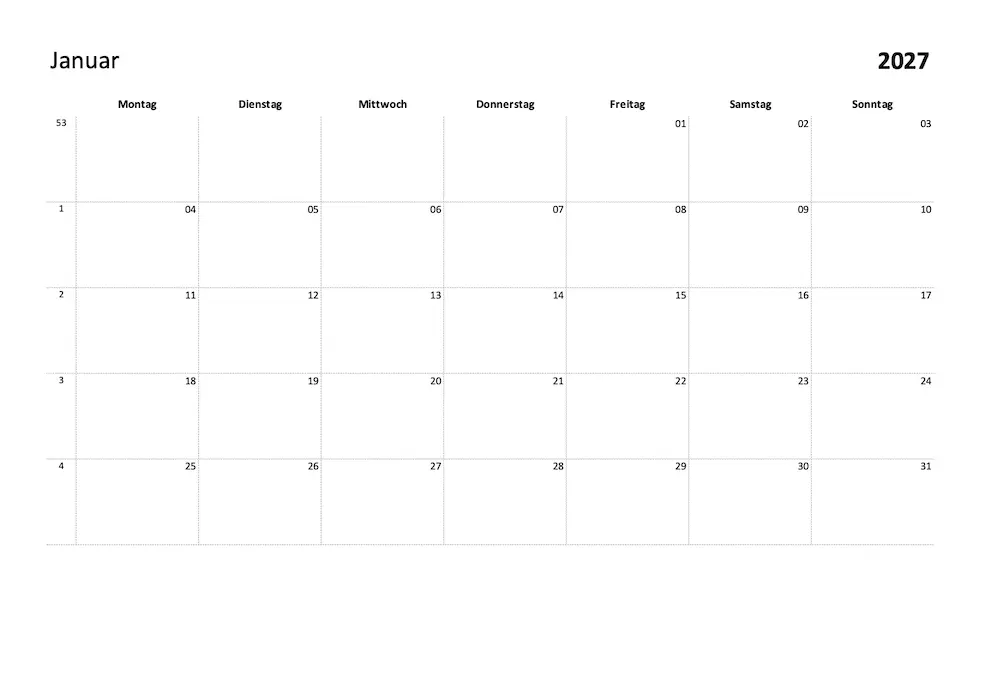Minimalistischer Monatskalender 2027