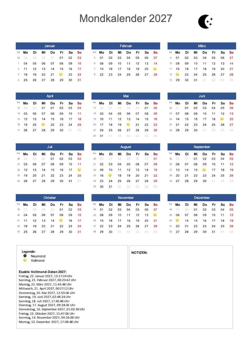Mondkalender 2027 Schweiz zum Ausdrucken