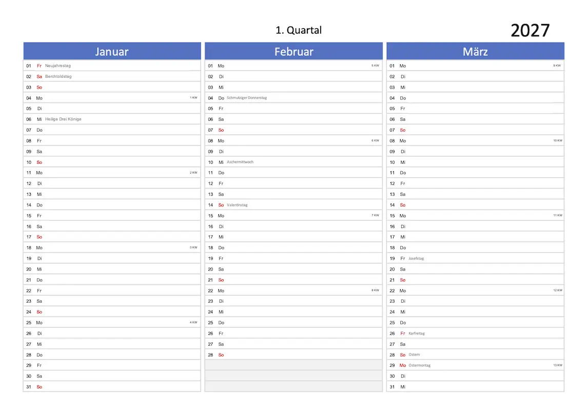 Quartalskalender 2027 Excel PDF blau