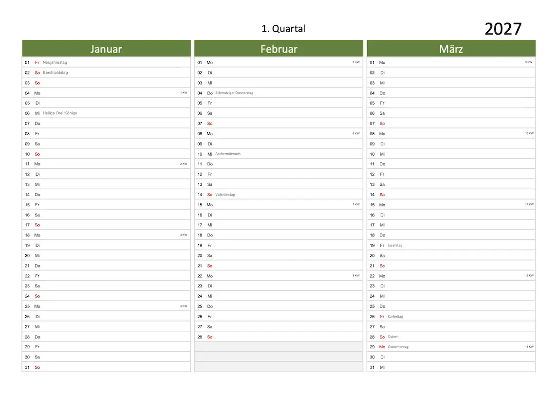 Quartalskalender 2027 Excel PDF grün
