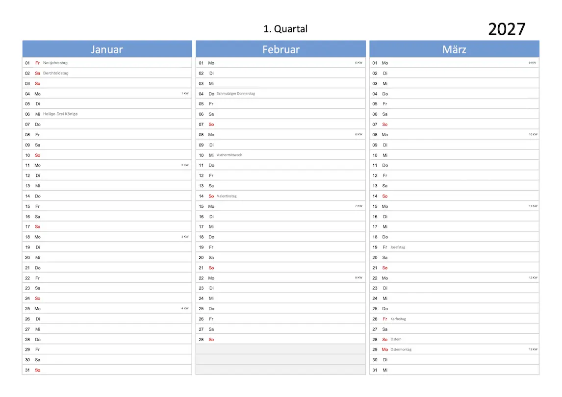 Quartalskalender 2027 Excel PDF Multicolor