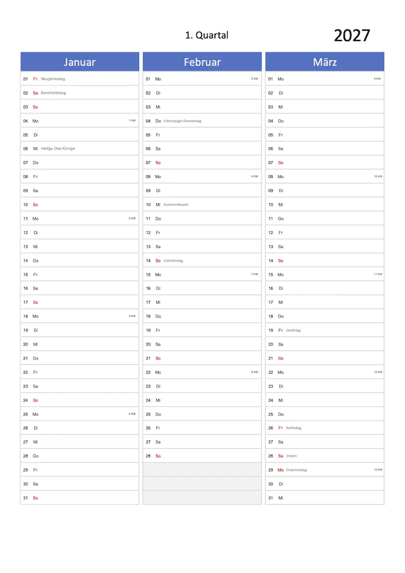 Kalender 2027 Excel PDF blau