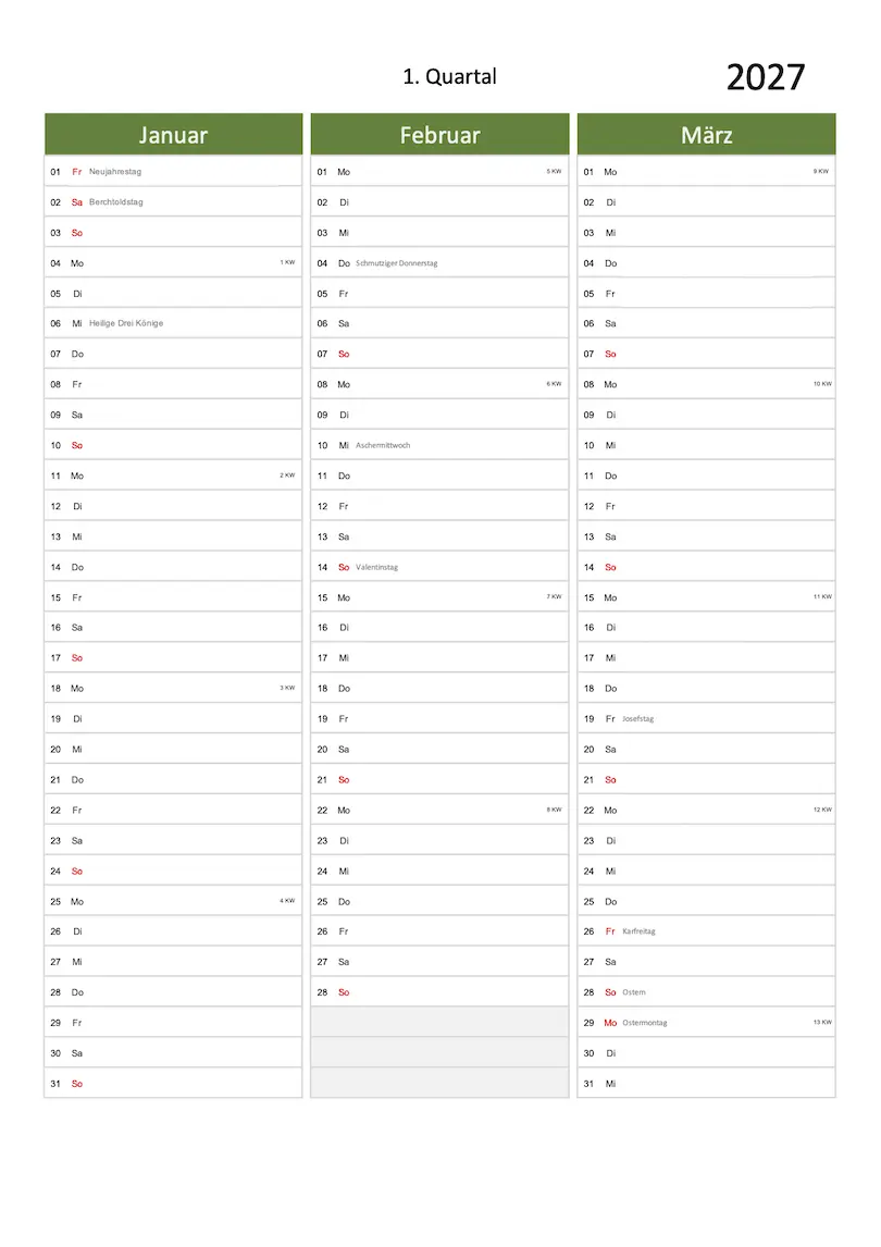 Quartal Kalender 2027 Excel PDF grün Hochformat