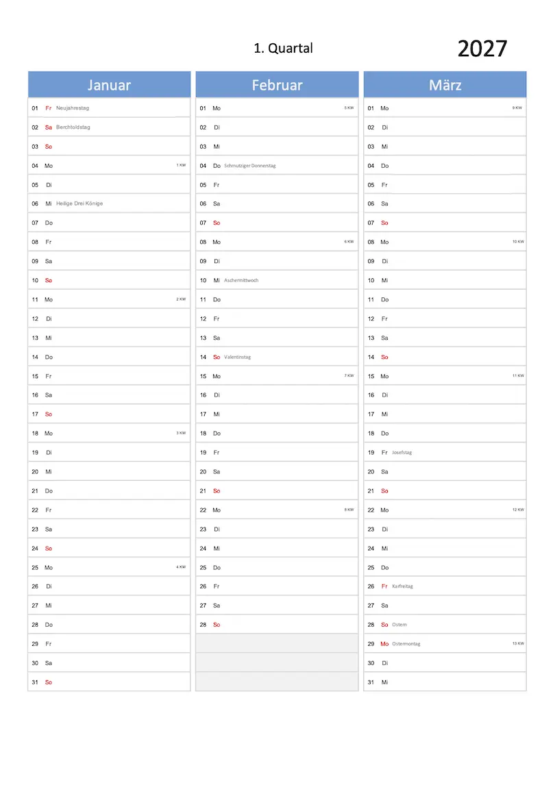 Quartal Kalender 2027 Excel PDF Multicolor Hochformat