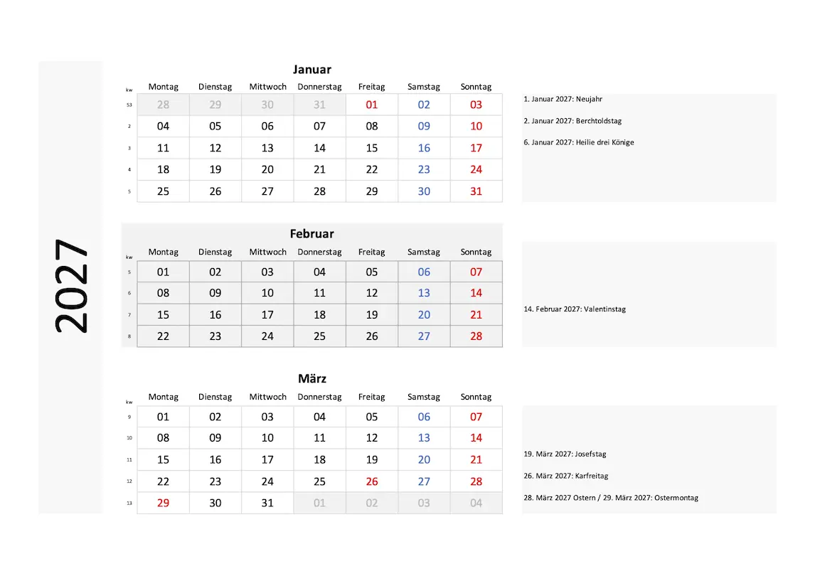Quartalskalender 2027 Excel PDF Blockdesign