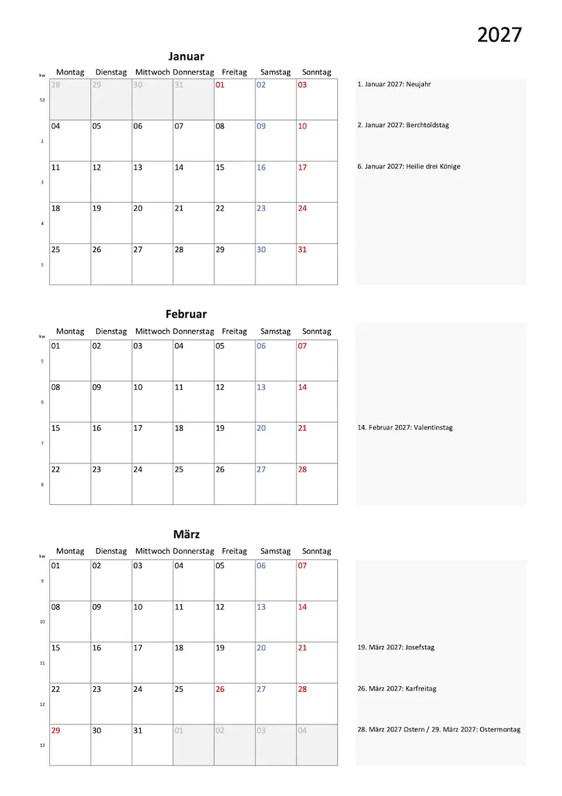 Quartal Kalender 2027 Excel PDF Blockdesign Hochformat