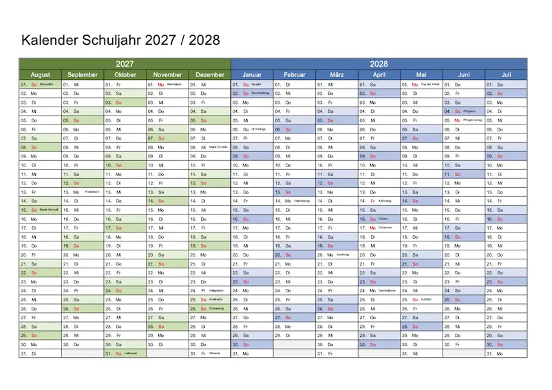Schweizer Schulkalender 2027 / 2028 Querformat Excel & PDF