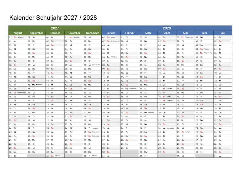 Schulkalender Schweiz 27/28 Excel & PDF