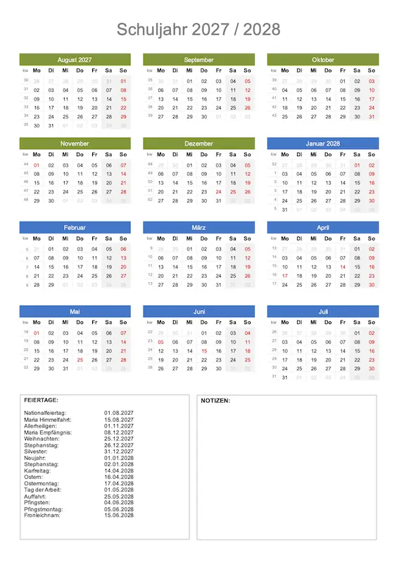 Schulkalender 2027 - 2028 Excel und PDF zum Ausdrucken