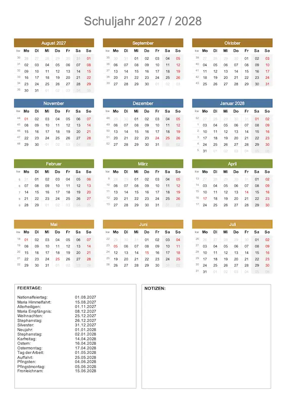 Schulkalender 2027 - 2028 August – Juli Multicolor Schweiz