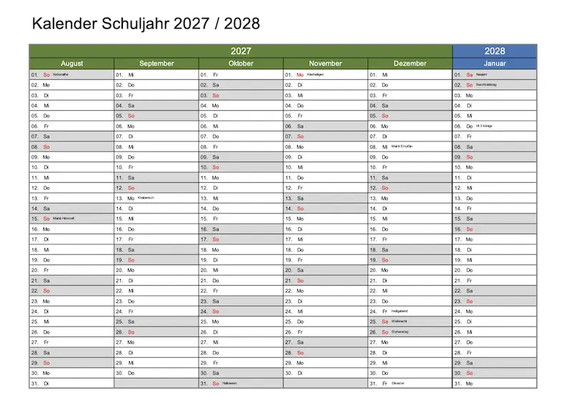 Schweizer Semesterkalender 2027-2028 Excel und PDF