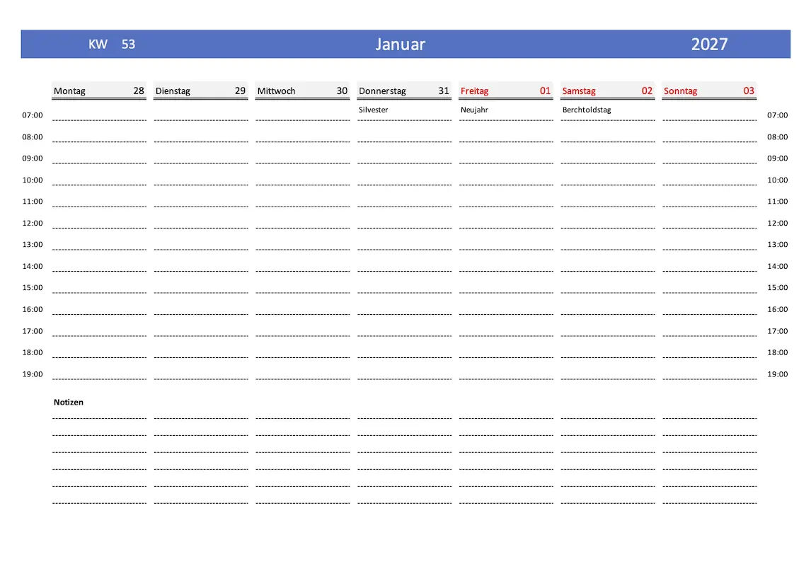 Download Wochenkalender 2027 Schweiz Wochenkalender 2027 Schweiz mit Feiertagen (Excel und PDF)