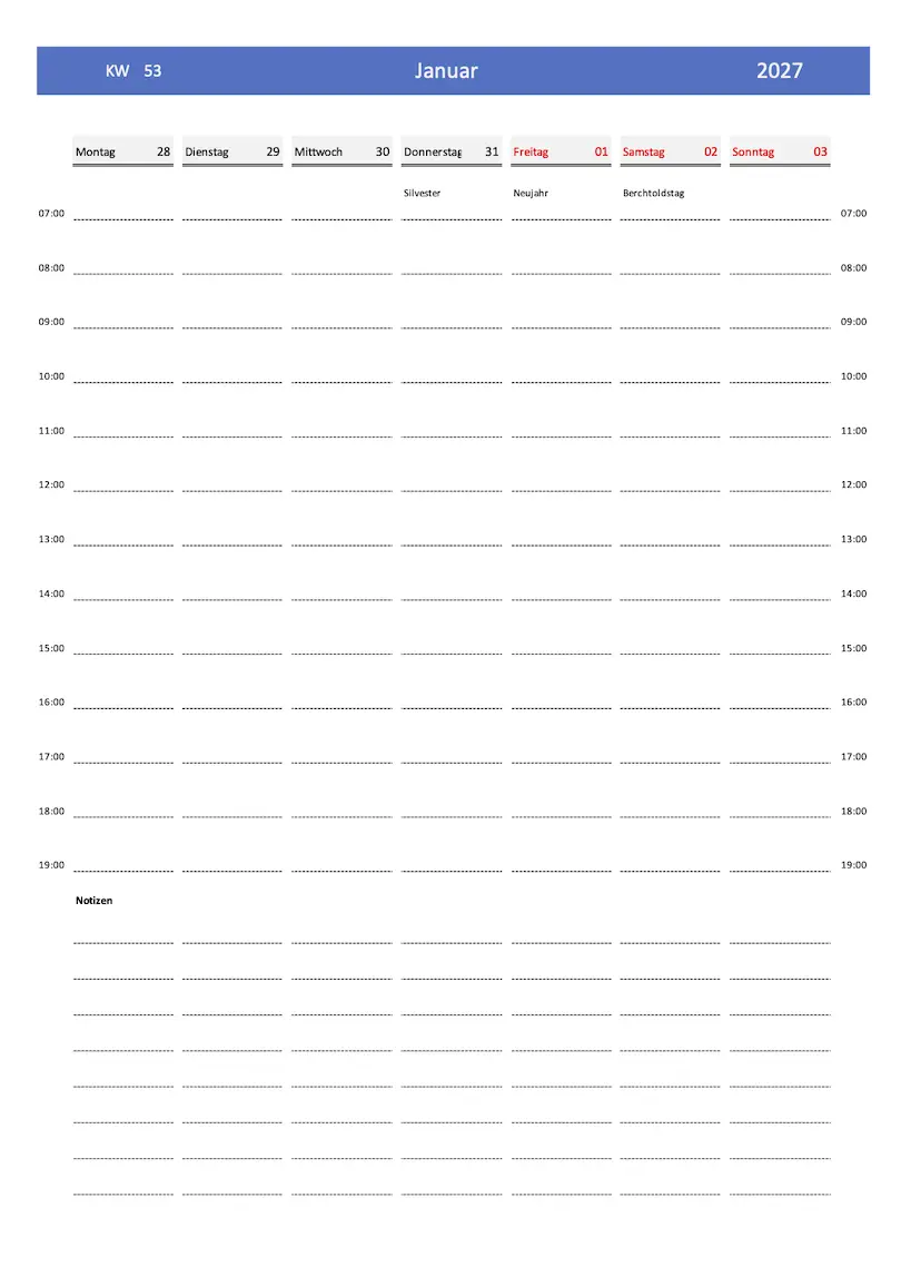 Download Wochenkalender 2027 Schweiz Wochenkalender 2027 Schweiz mit KW und Feiertagen (Excel & PDF)