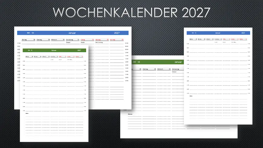 Wochenkalender 2027 Schweiz für Excel und PDF Wochenkalender 2027 Schweiz Excel PDF