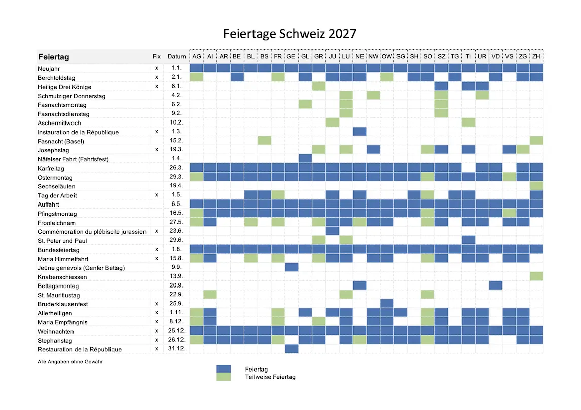 Download Feiertage 2027 Schweiz als PDF Feiertage 2027 Schweiz zum Ausdrucken