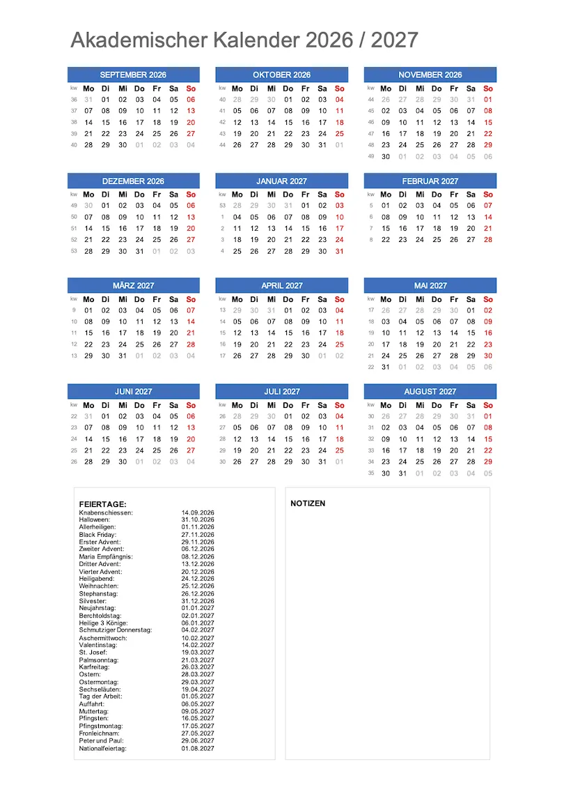 Akademischer Kalender 2026 / 2027 Schweiz in Kacheloptik (Hochformat)