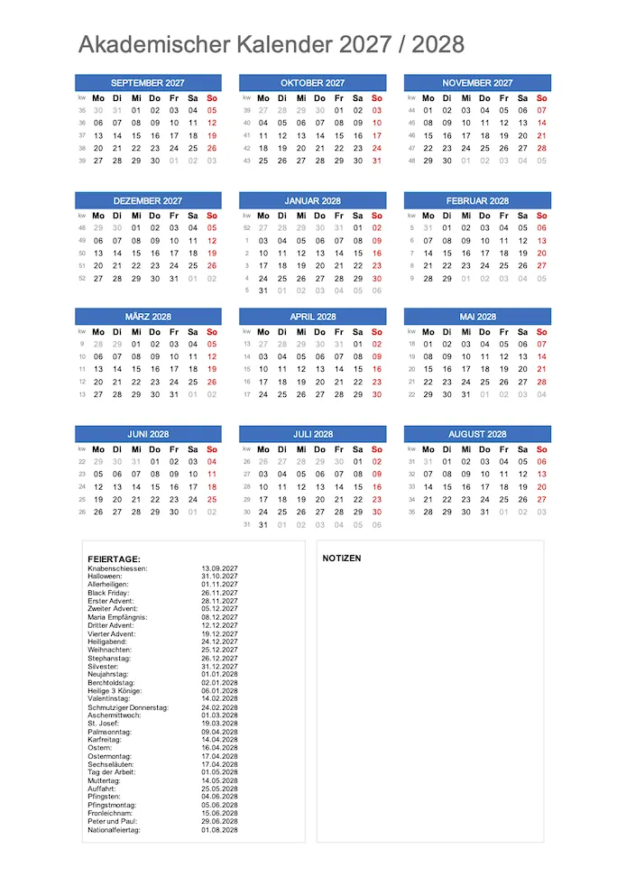 Akademischer Kalender Schweiz 2027-2028 im Hochformat Excel & PDF
