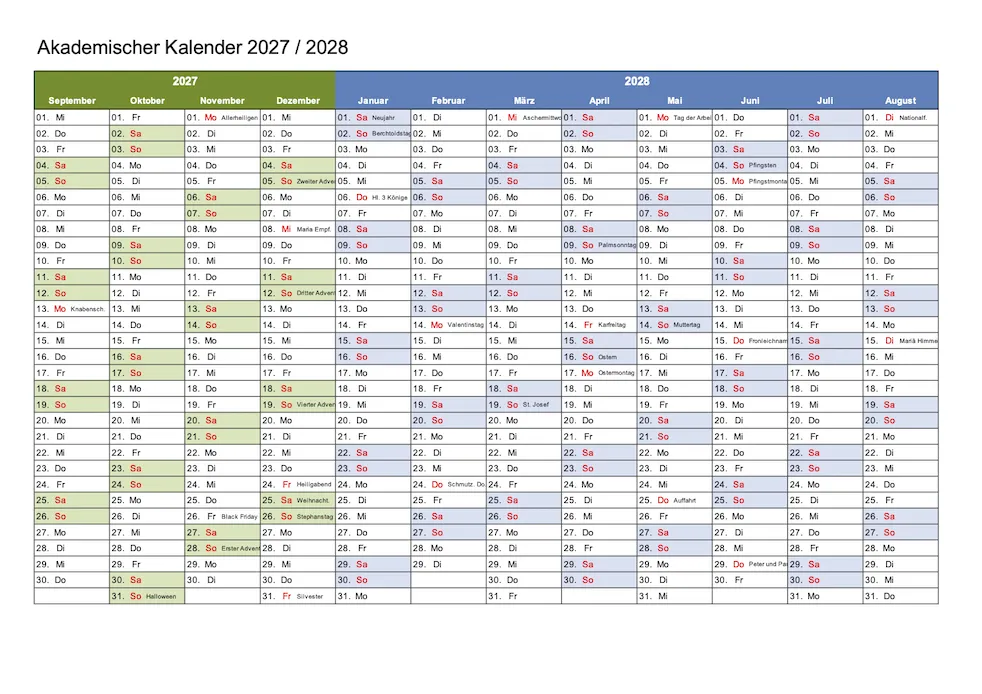 Akademischer Kalender2027-2028 Excel & PDF Querformat